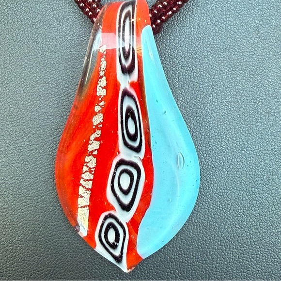 Multi Strand Red Seed Bead Necklace & Dichroic Art Glass Pendant - adjustable - Picture 2 of 7